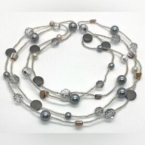 Gray Pearl Clear Crystal Beaded Long Wrap Necklace Feminine Classic Maximalist